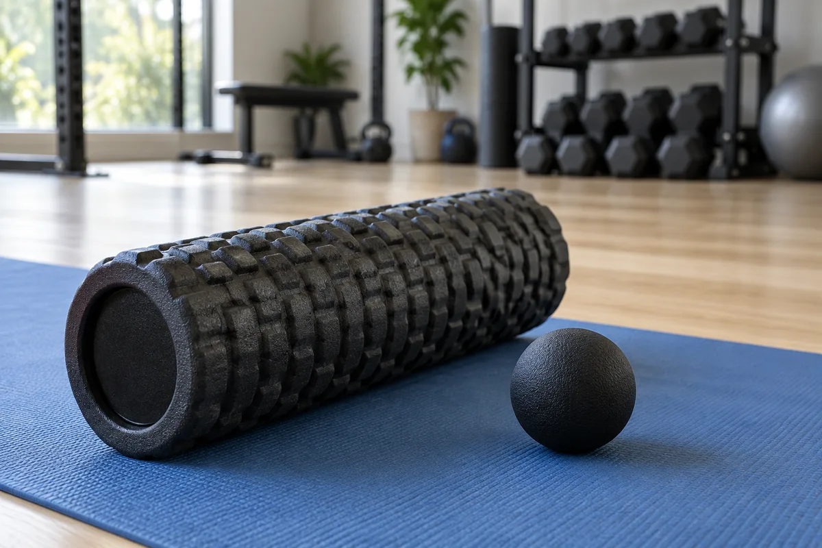 Rouleau de massage en mousse noire et balle de massage posés sur un tapis de sol bleu dans une salle de sport vide