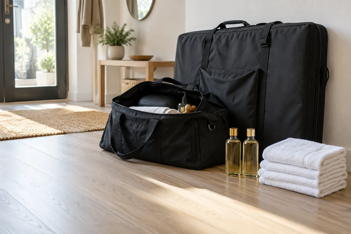 Sac de transport ouvert et table de massage repliée posés dans l’entrée d’un appartement, flacons d’huile et serviettes pliées