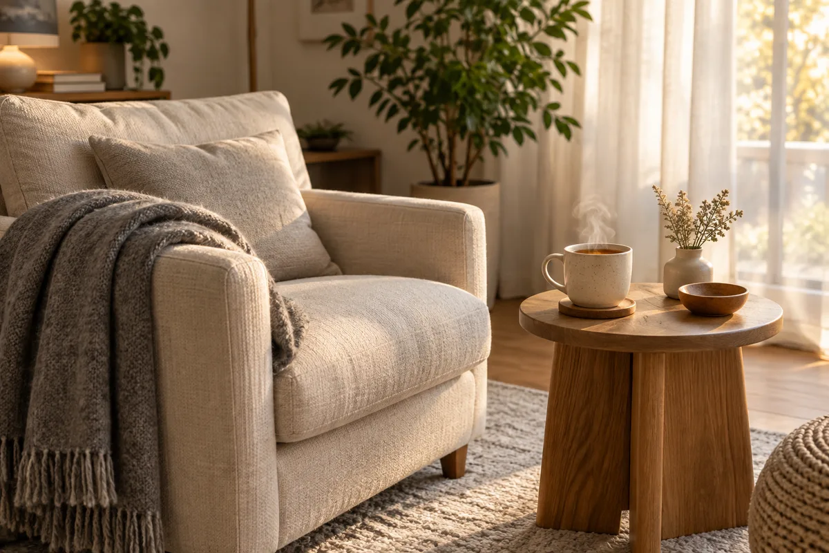 Fauteuil garni d’un plaid et tasse de tisane fumante sur un guéridon dans un salon calme