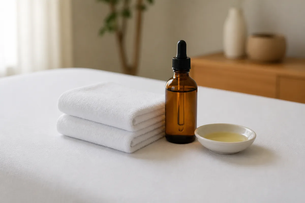 Table de massage préparée avec serviettes blanches pliées et flacon d’huile dans une pièce calme