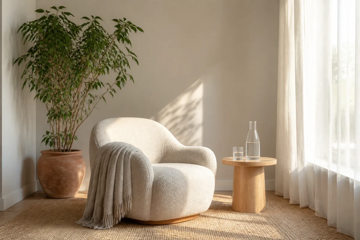 Fauteuil et plaid dans un salon d’attente feutré avec plante verte et lumière naturelle douce